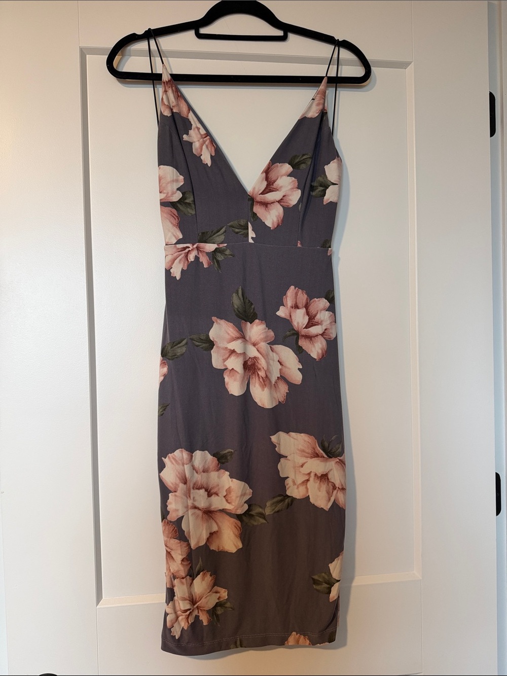 Fashion Nova Dusty Blue Midi Dress with Pink Floral Print